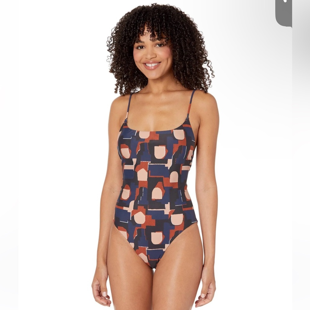 Madewell Blue and Brown One Piece Swimsuit with Retro-Inspired Pattern